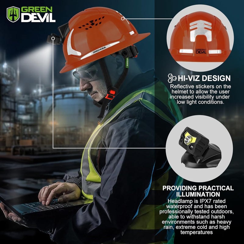 GREEN DEVIL Matrix Full Brim Hard Hat with Headlight Vented Construction Safety Helmet OSHA Approved Cascos De Construccion Work Hardhat for Men&Women - Image 3
